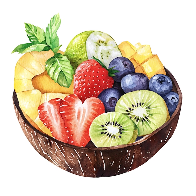 Photo watercolor illustration of a tropical fruit salad in a coconut shell