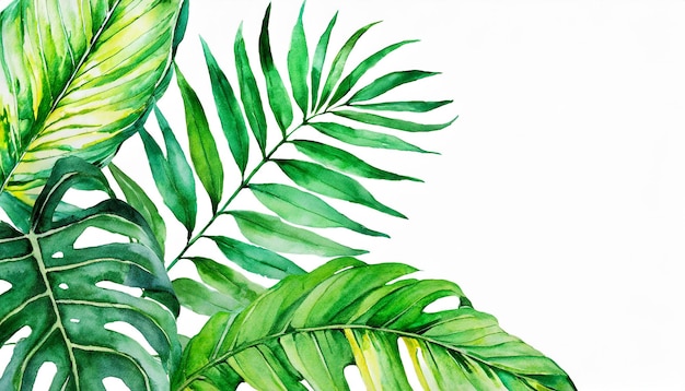 Watercolor illustration of tropical green leaves frame Botanical art Abstract natural composition