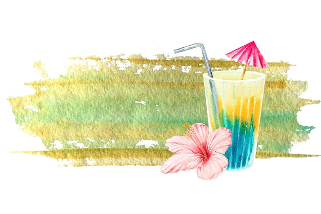 Watercolor illustration on a tropical theme Drawing a multicolored drink in a glass and a Hawaiian flowerHawaii