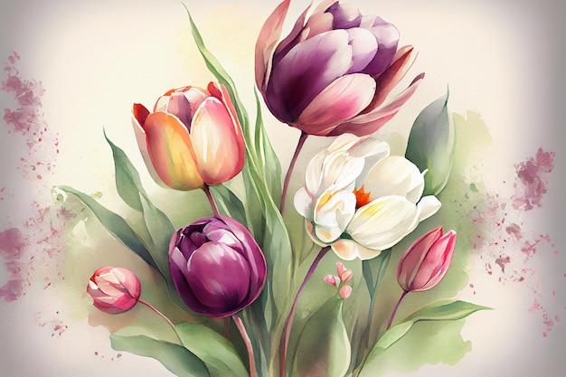 Watercolor illustration tulips flower botanical art AI Generated