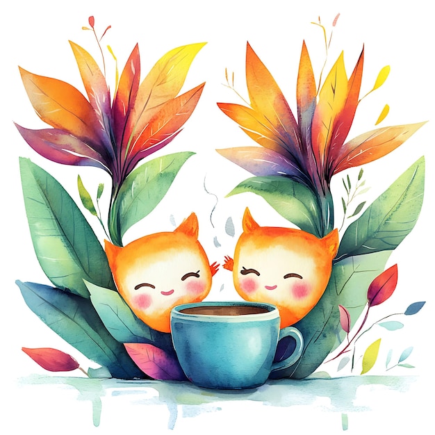 Watercolor Illustration of Two Cute Cartoon Characters Enjoying a Cup of Coffee with Floral Decorations