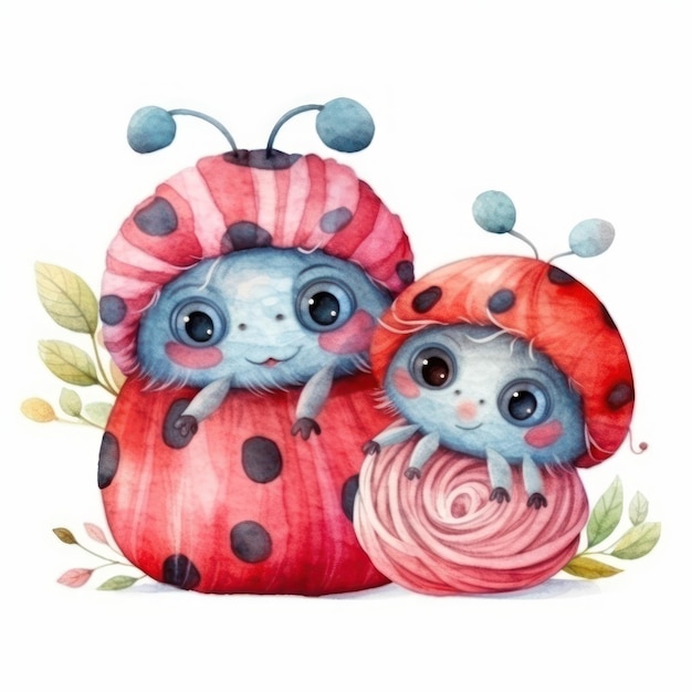 Watercolor illustration of two cute ladybugs in a pink bag.