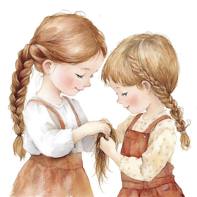 Photo watercolor illustration of two girls with braids one fixing the others hair