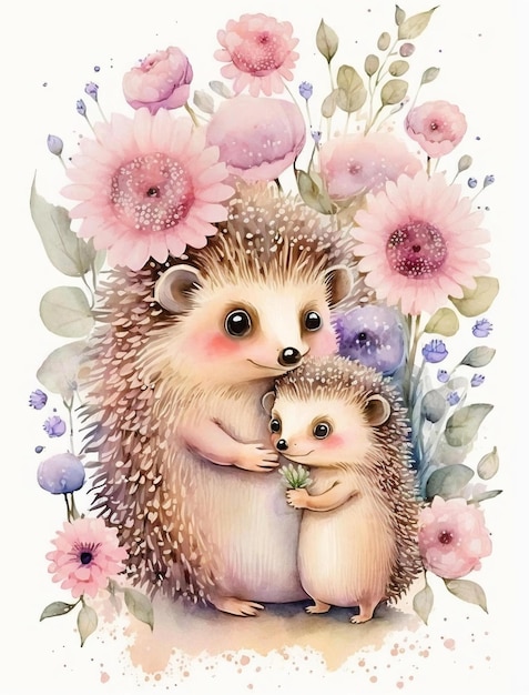 A watercolor illustration of two hedgehogs with flowers.