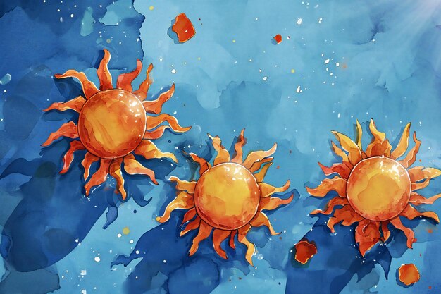 Watercolor illustration of two suns on blue watercolor background