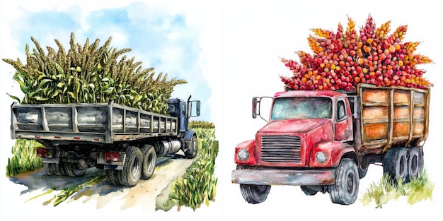 Watercolor illustration of two trucks carrying crops