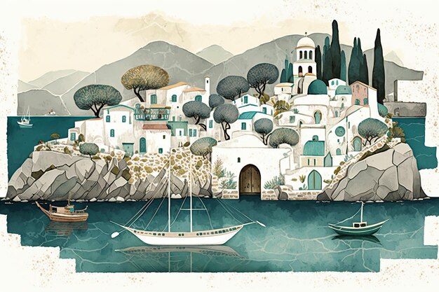 Watercolor illustration of typical Greece scenic island view with a small harbor and fishing boats traditional white and blue houses a traditional church created by generative AI