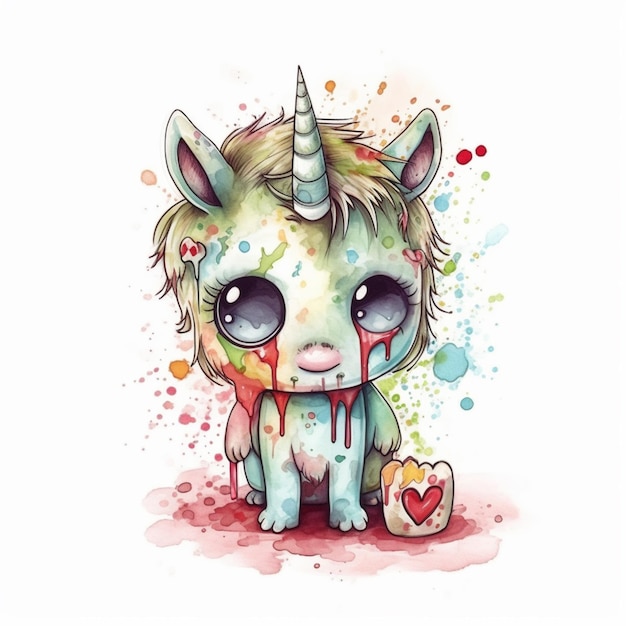 A watercolor illustration of a unicorn with a heart on its head.