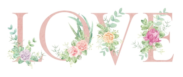 Watercolor illustration for Valentines Day Love word design with flowers and leaves Watercolor fo