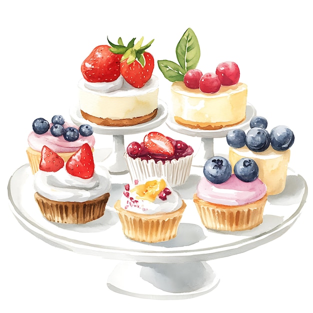 Watercolor Illustration of a Variety of Cupcakes and Cheesecakes on a White Stand