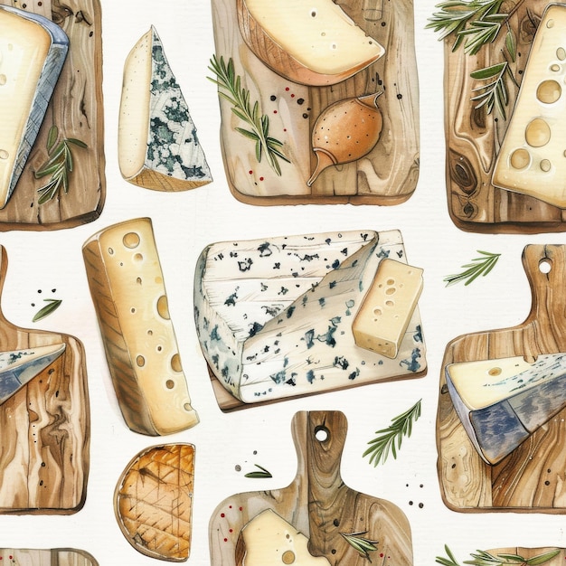 Photo watercolor illustration of various cheeses on wooden cutting boards