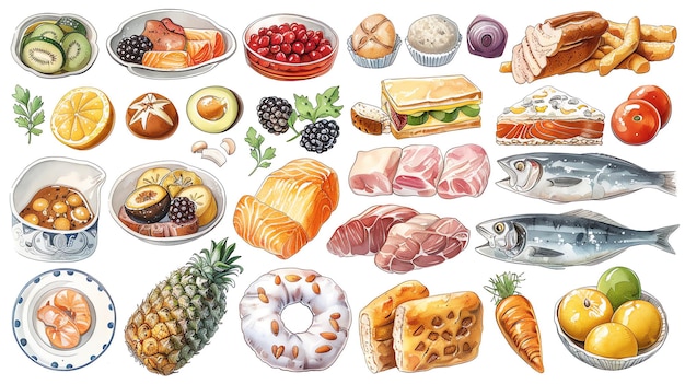 Photo watercolor illustration of various food ingredients