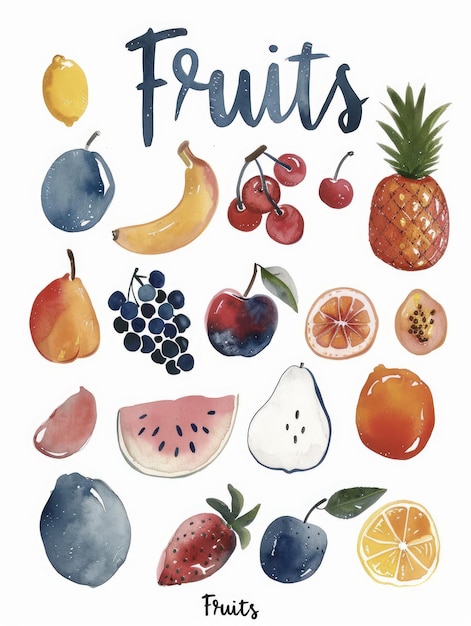 Photo watercolor illustration of various fruits with text