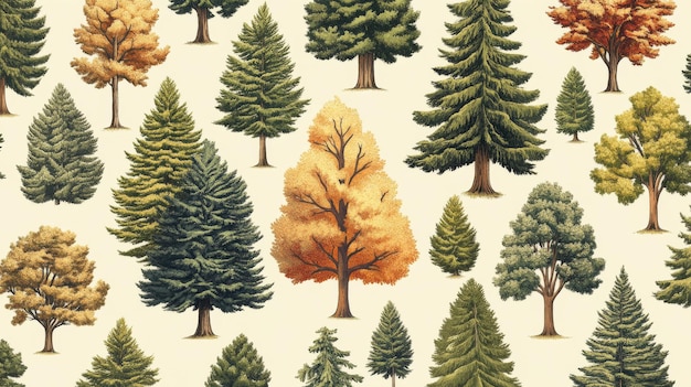 A Watercolor Illustration of Various Trees in Different Seasons