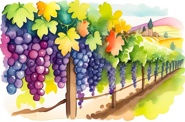 watercolor illustration of Vibrant grapevines heavy with ripe colorful grapes painting a lush vine