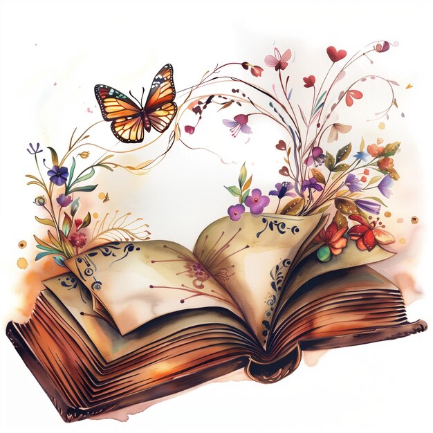 Watercolor illustration of a vintage fairy tale book with flowers and butterfly