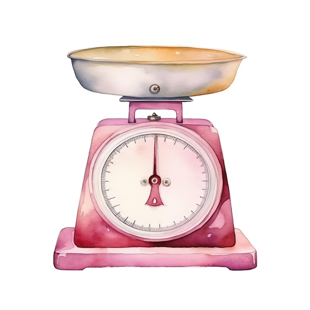 Photo watercolor illustration of vintage kitchen scales in soft pink and cream tones