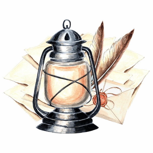 Watercolor illustration vintage lantern burning warm light sheets of paper envelope sealed feathers