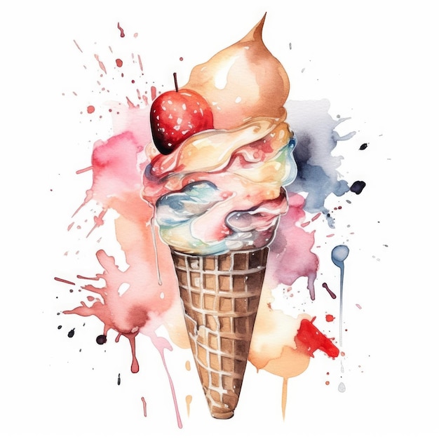 Watercolor illustration of a waffle cone with a strawberry and strawberry topping.