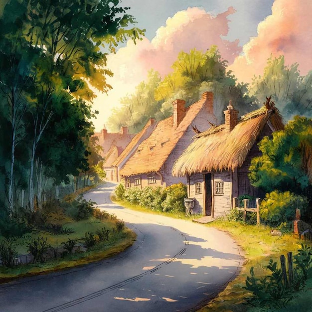 Watercolor Illustration of Warm and Tidy Little Village with roadriver and beautiful sky