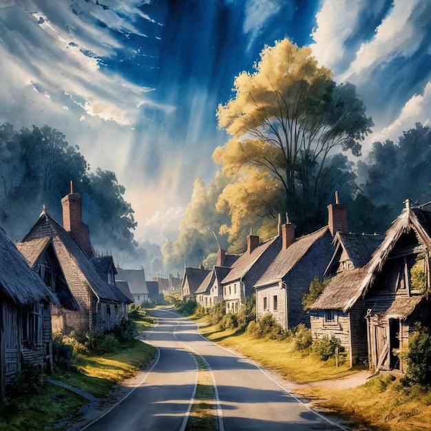 Watercolor Illustration of Warm and Tidy Little Village with roadriver and beautiful sky