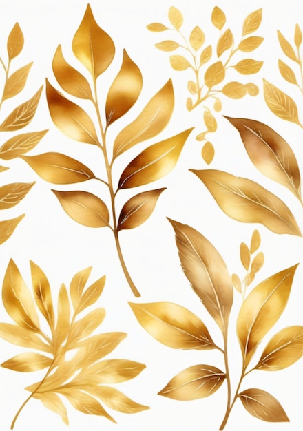 Watercolor Illustration Of Watercolor And Gold Leaves Isolated On White Background