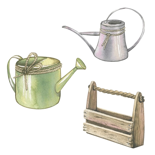 Watercolor illustration of watering cans and wooden garden box isolated For design decoration and postcards