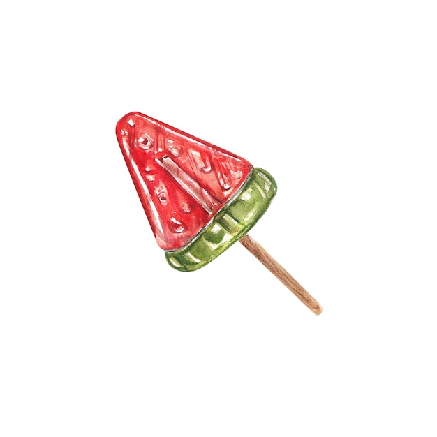 Watercolor illustration of a watermelon lollipop on a stick. Sweetness on a stick.