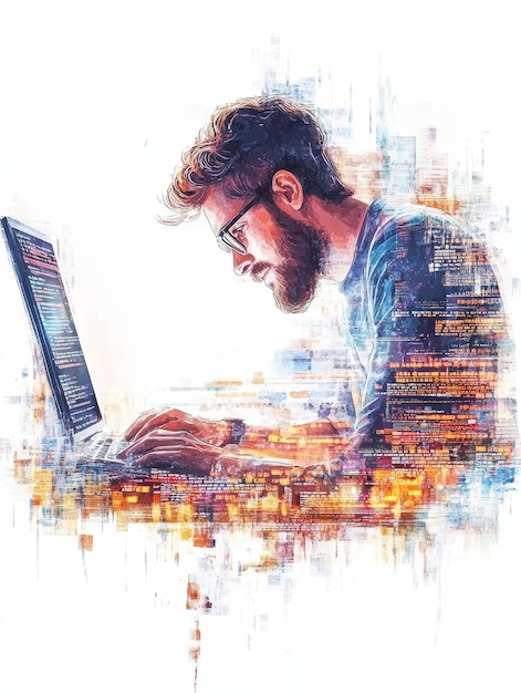 A watercolor illustration of a web developer working on a laptop surrounded by digital code an