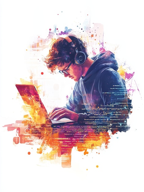 A watercolor illustration of a web developer working on a laptop surrounded by splashes of col