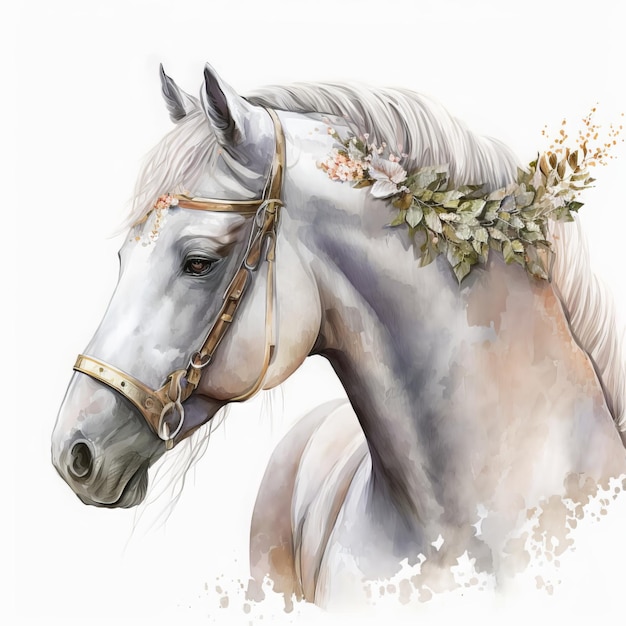 Watercolor illustration of a white horse with delicate peonies isolate