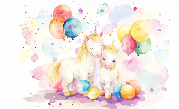 Watercolor illustration of a white unicorn and its mother with balloons