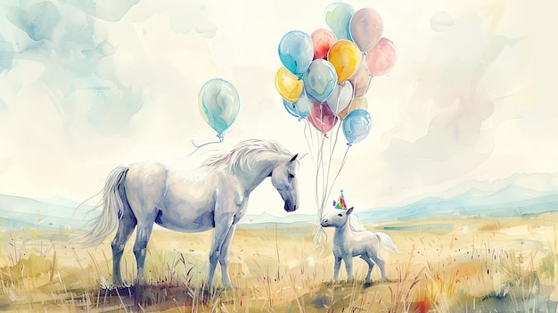 Watercolor illustration of a white unicorn with balloons