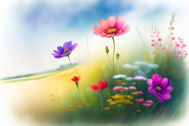 Watercolor Illustration of wildflowers blooming on the meadow in spring and summer aigenerated