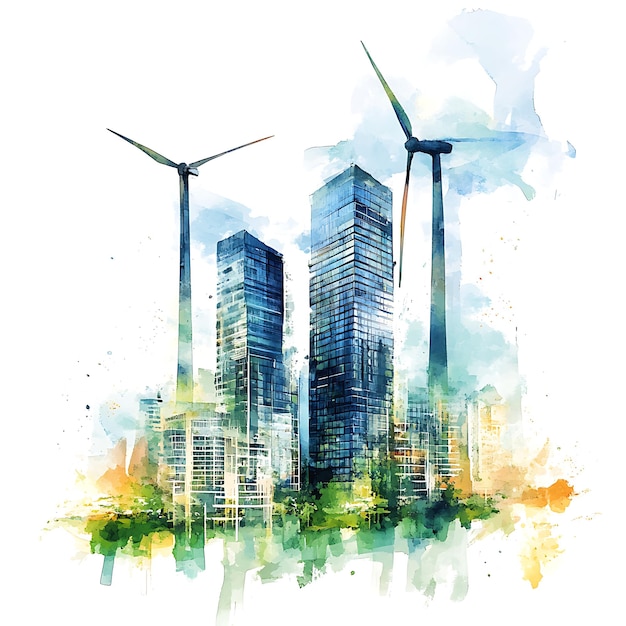 Watercolor Illustration of Wind Turbines and Modern Cityscape