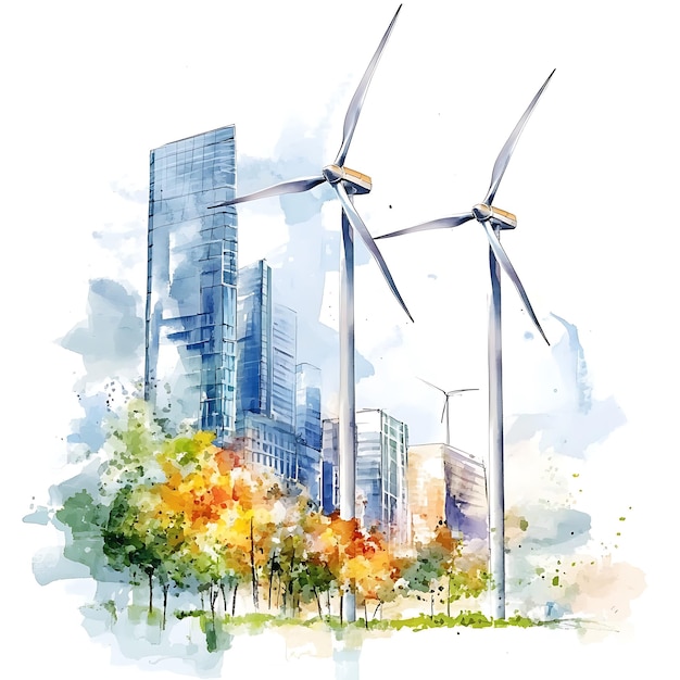 Watercolor illustration of wind turbines and skyscrapers