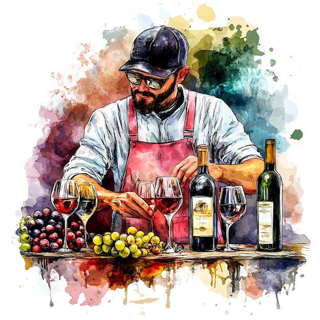 Watercolor Illustration of a Winemaker Pouring Wine