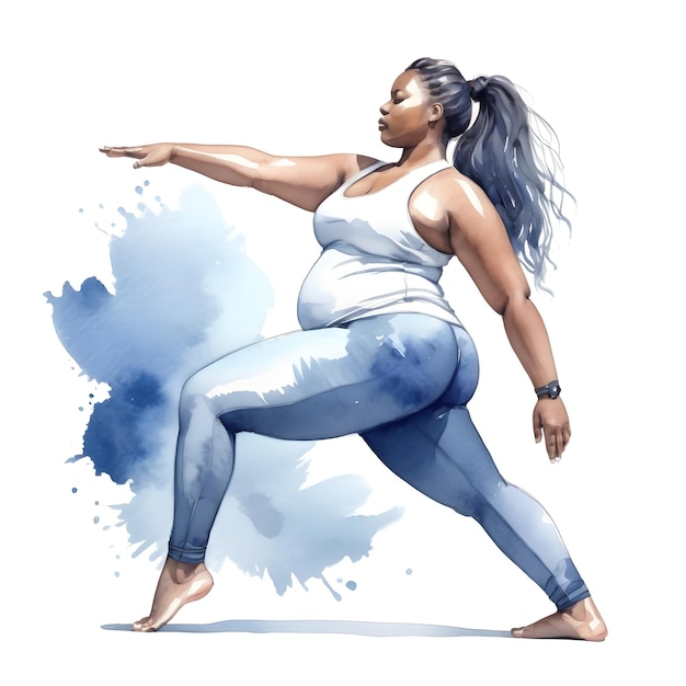 Watercolor illustration with blue tones of a plus size woman in a yoga pose