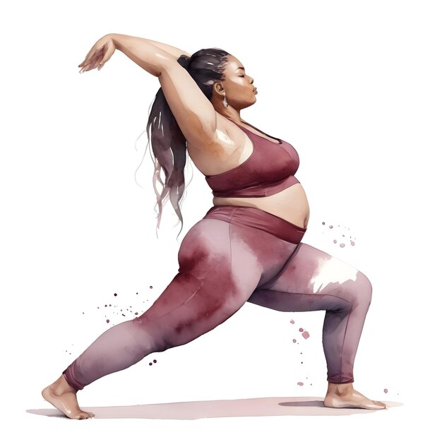 Watercolor illustration with burgundy tones of a plus size woman in yoga pose the warrior