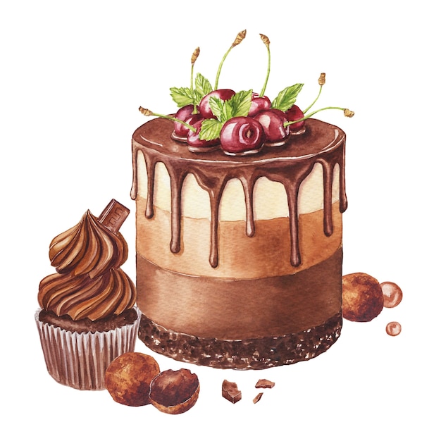 Watercolor illustration with chocolate cake, cupcake and candies isolated on a white