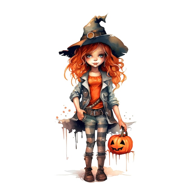 Watercolor illustration with cute girl in a Halloween witch costume with a pumpkin in her hands