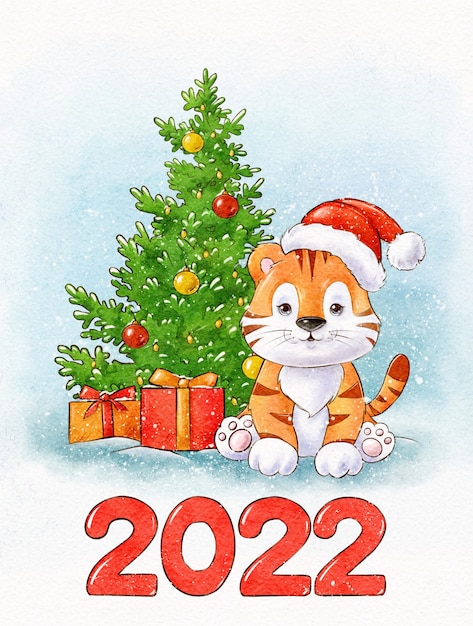 Watercolor illustration with cute tiger snow and Christmas tree Chinese New year 2022 card