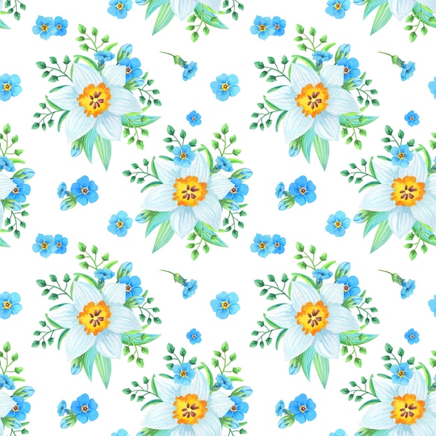 Watercolor illustration with forget-me-nots,myosotis,daffodil on a white background.