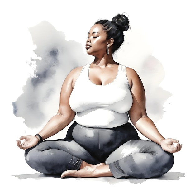 Watercolor illustration with gray tones of a plus size woman in yoga posture meditating