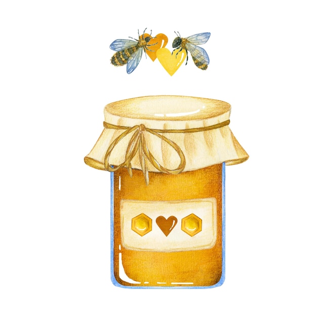 Photo watercolor illustration with a jar of honey bees honeycombs and yellow hearts