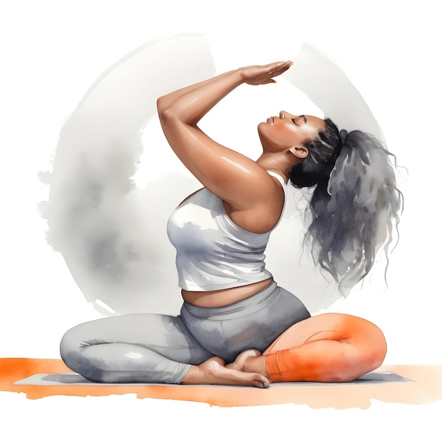 Watercolor illustration with orange and gray tones of a plus size woman in a yoga pose