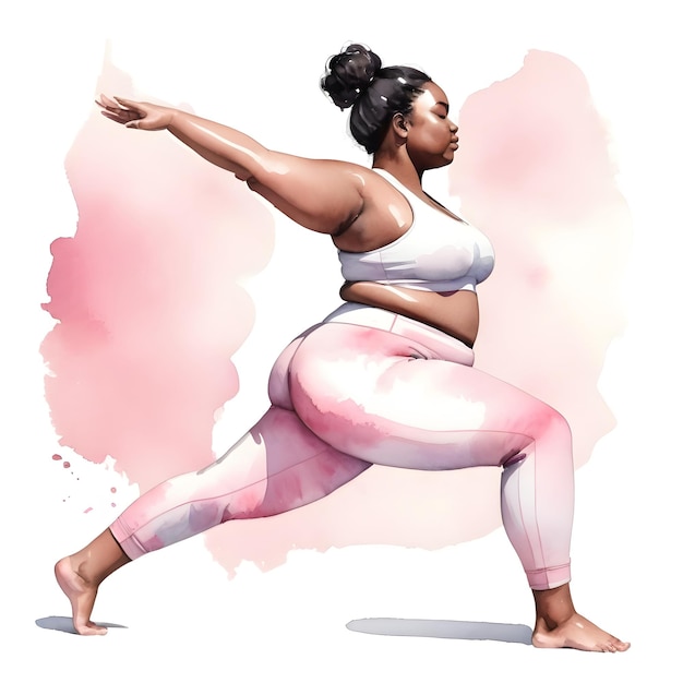 Watercolor illustration with pink tones of a plus size woman in a yoga pose