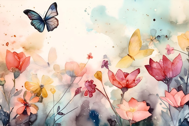 Watercolor illustration with spring and summer wildflowers on a meadow with butterflies Generative AI content