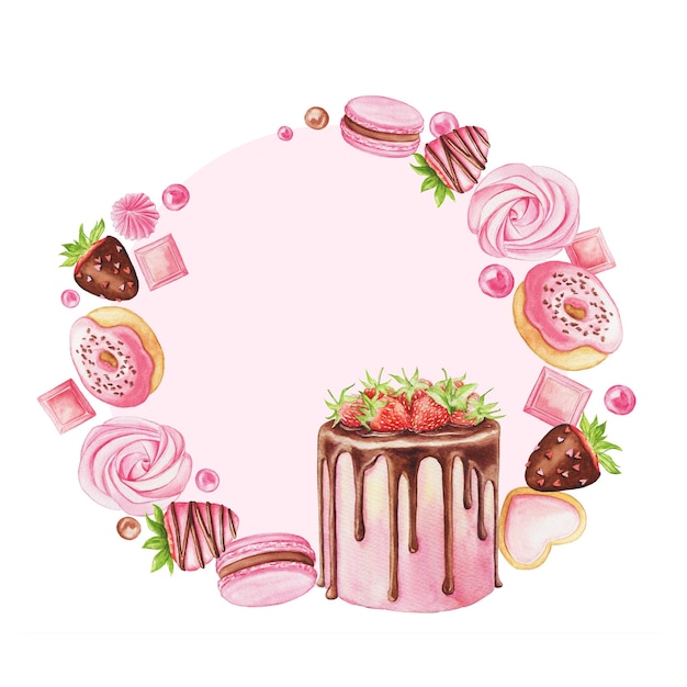 Watercolor illustration with strawberry cake, macaron, donut, chocolate and candies isolated on a white. Sweet wreath