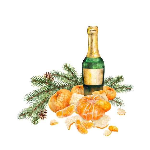 Watercolor illustration with tangerines champagne and Christmas tree New Years composition hand drawing